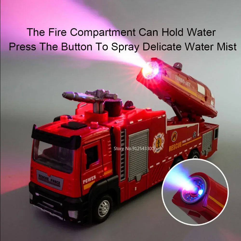 1:32 Scale Water Spray Fire Truck, Sound Light Pull Back Doors Opened Vehicle