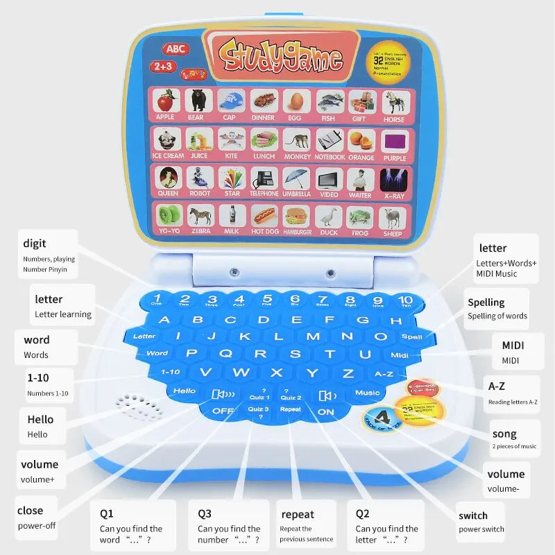 Kids’ English Learning Laptop – ABC, Numbers, Spelling & Music Toy (2–3 Years)
