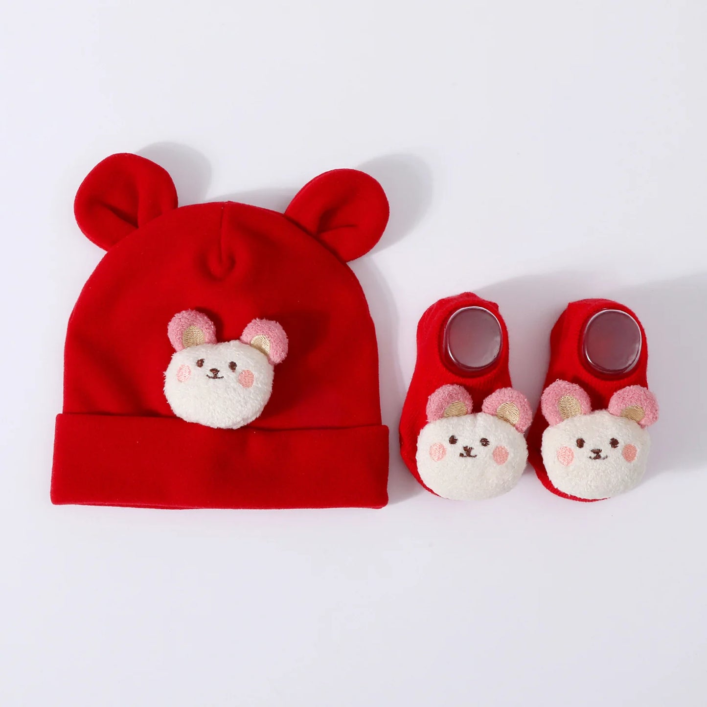 Baby Hat & Socks Set – Knit Cotton Beanie with Ear Design for Newborns & Toddlers