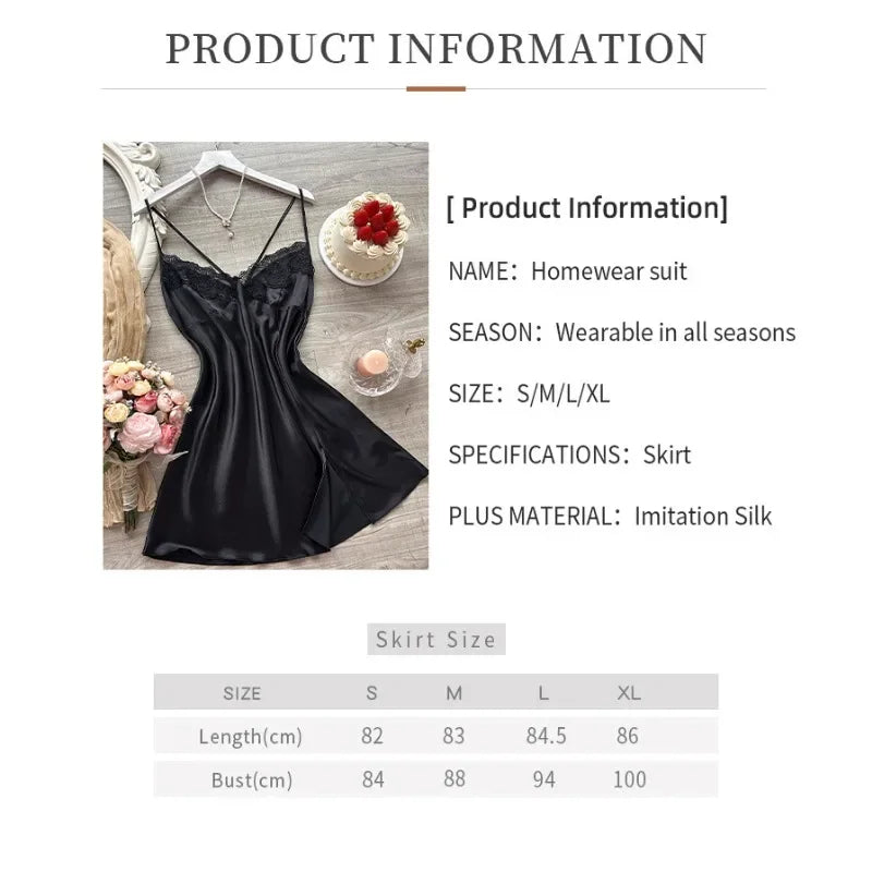 Modisches Nachthemd mit Spitzenkragen in Volltonfarbe für Damen, luxuriöser sexy Hosenträgerrock, seidenartiges, dünnes Kleid, Nachtwäsche für Zuhause
