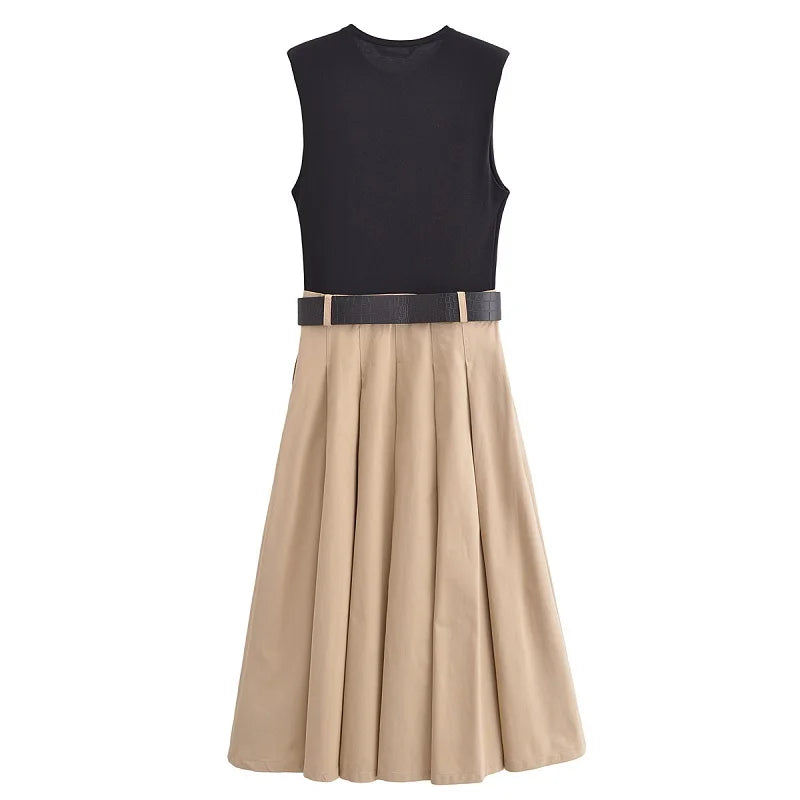 2025 Ärmelloses Plissee-Midikleid für Damen – Gestricktes Sommerparty-Sommerkleid mit Gürtel