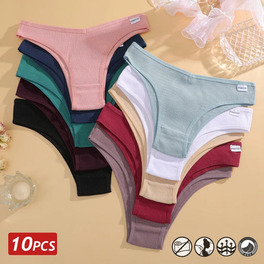 10PCS Women's Waffle Cotton Brazilian Panties – Sexy Low Waist T-Back Bikini Lingerie Set