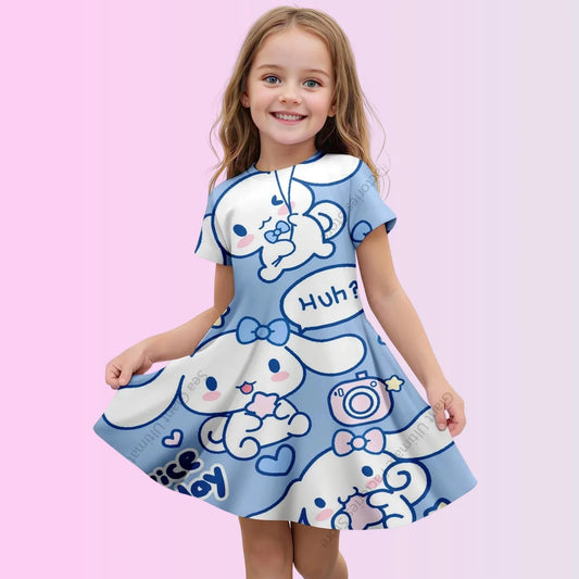 Girls’ Cartoon Princess Dress – 3D Cinnamoroll & Hello Kitty Short Sleeve Outfit