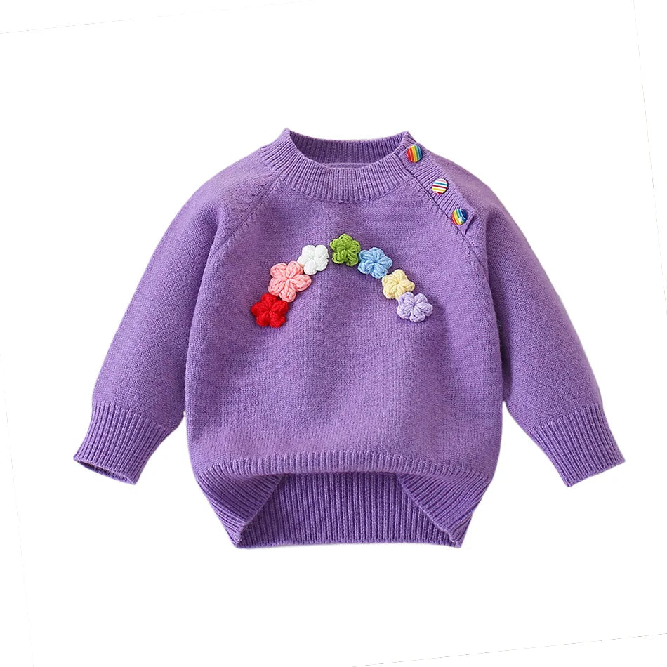 2025 Baby Girls’ Floral Sweater – Autumn/Winter Sweet Knit Round Neck Top