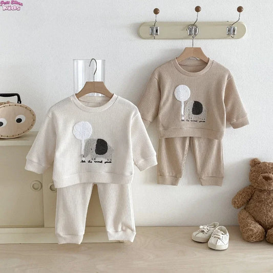0–4 Jahre Baby/Kleinkind 2-teiliges Baumwollset – Elefantenoberteil und gestreifte Hose