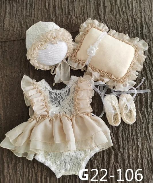 Baby Newborn Photography Props Baby Girl Lace Dress Romper Bodysuits Outfit  Hat Headband
