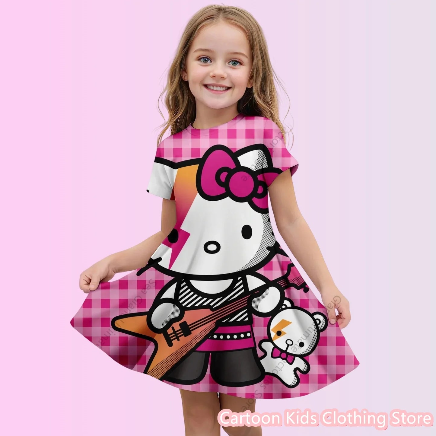Girls’ Cartoon Princess Dress – 3D Cinnamoroll & Hello Kitty Short Sleeve Outfit