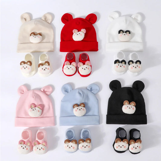 Baby Hat & Socks Set – Knit Cotton Beanie with Ear Design for Newborns & Toddlers