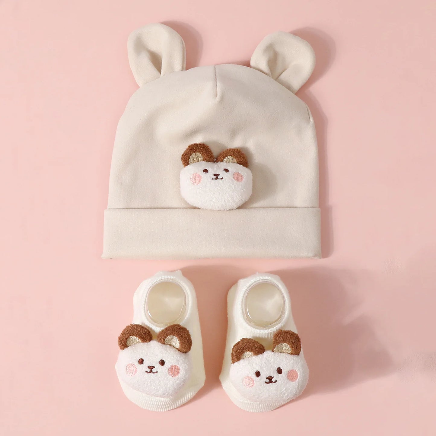 Baby Hat & Socks Set – Knit Cotton Beanie with Ear Design for Newborns & Toddlers