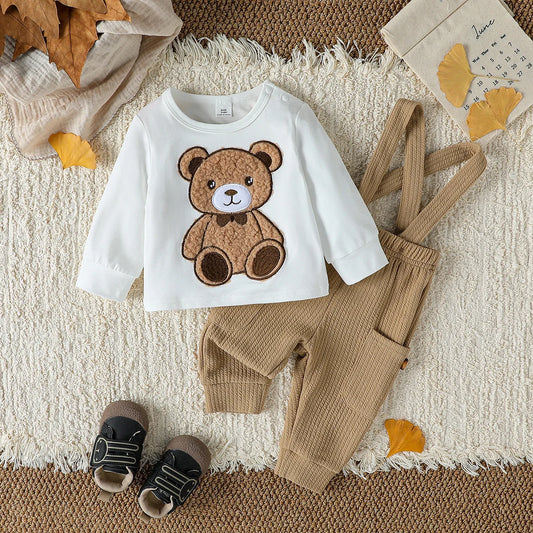 2PCS Baby Boys Boys Autumn Cute Long Sleeve Top  With Bear +Button Jumpsuit Playsuit Overalls Sets Clothes Casual Outfits