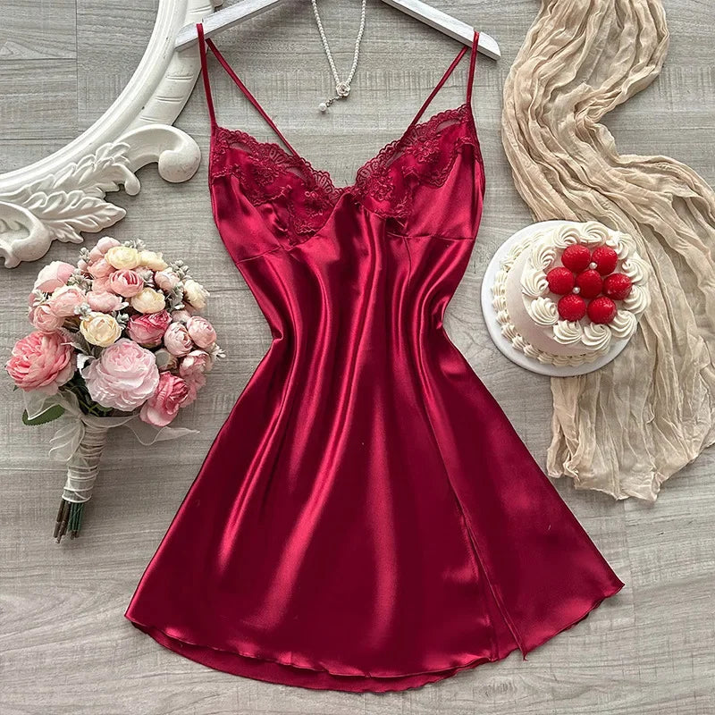 Modisches Nachthemd mit Spitzenkragen in Volltonfarbe für Damen, luxuriöser sexy Hosenträgerrock, seidenartiges, dünnes Kleid, Nachtwäsche für Zuhause