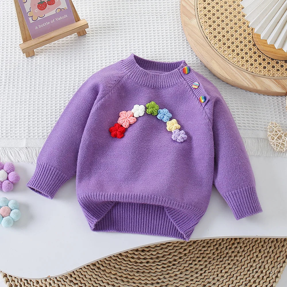 2025 Baby Girls’ Floral Sweater – Autumn/Winter Sweet Knit Round Neck Top