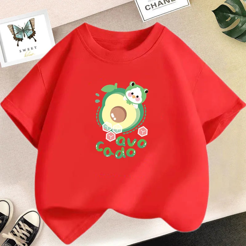 Girls’ Cute Avocado T-Shirt – Loose Summer Cartoon Fruit Top