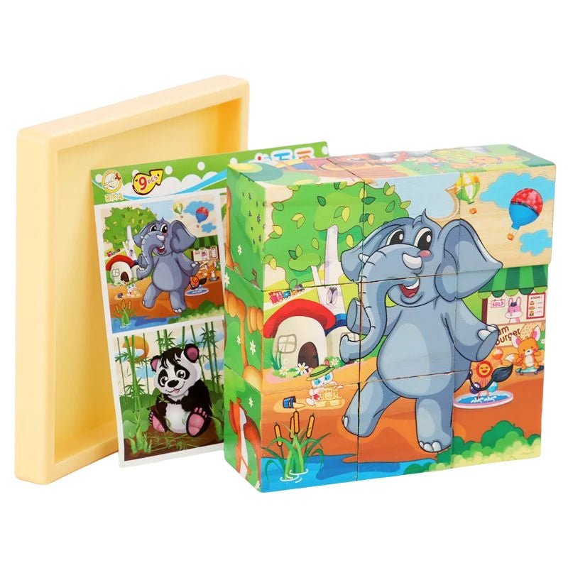 3D Wooden Cube Puzzle – 6-Sided 9-Piece Montessori Educational Toy for Kids