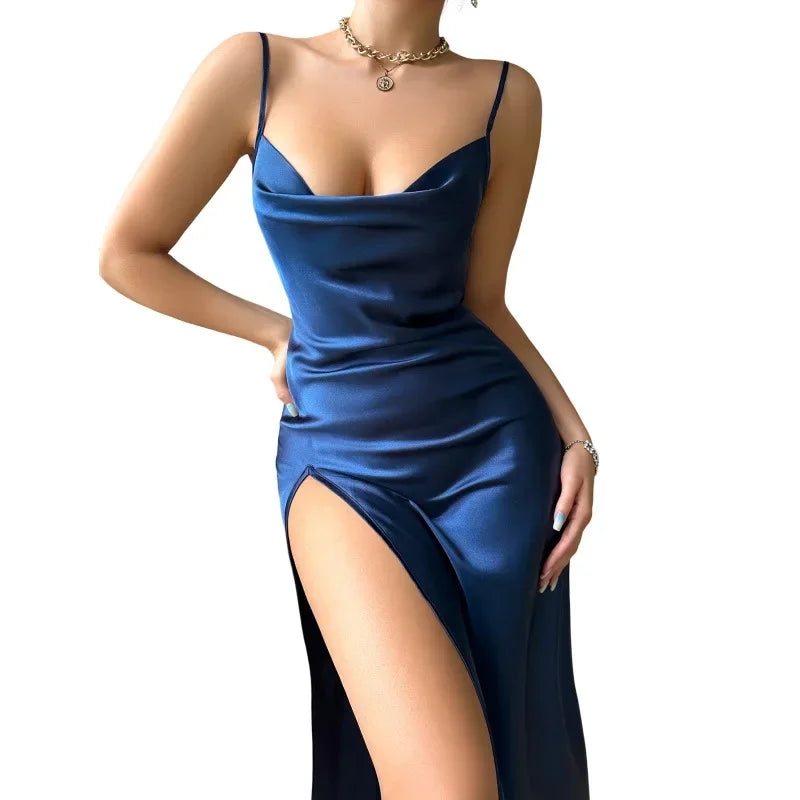 Sexy Nachthemd aus Eisseide mit hohem Schlitz – rückenfreie lange Nachtwäsche für Damen, elegante einfarbige Homewear