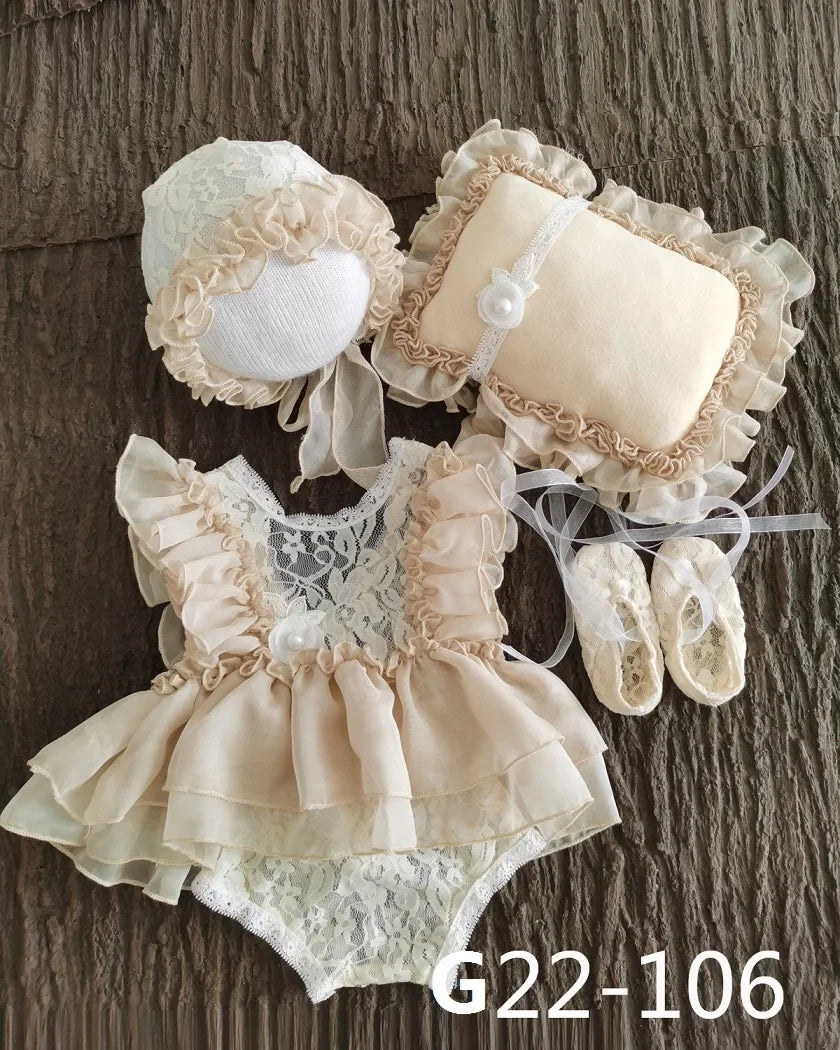 Baby Newborn Photography Props Baby Girl Lace Dress Romper Bodysuits Outfit  Hat Headband