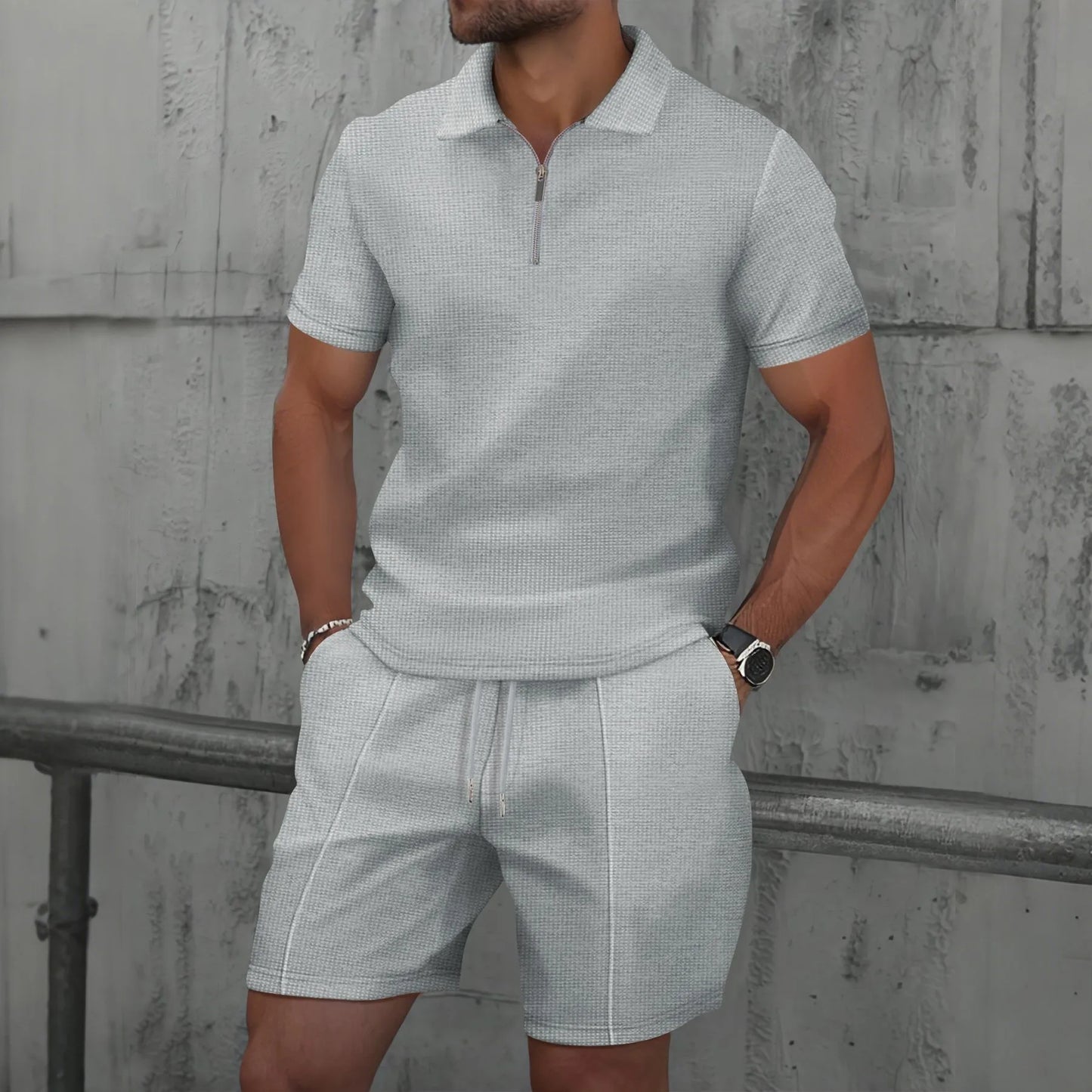 2025 Men Europe and the United States Waffle solid color zip-up lapel short-sleeve