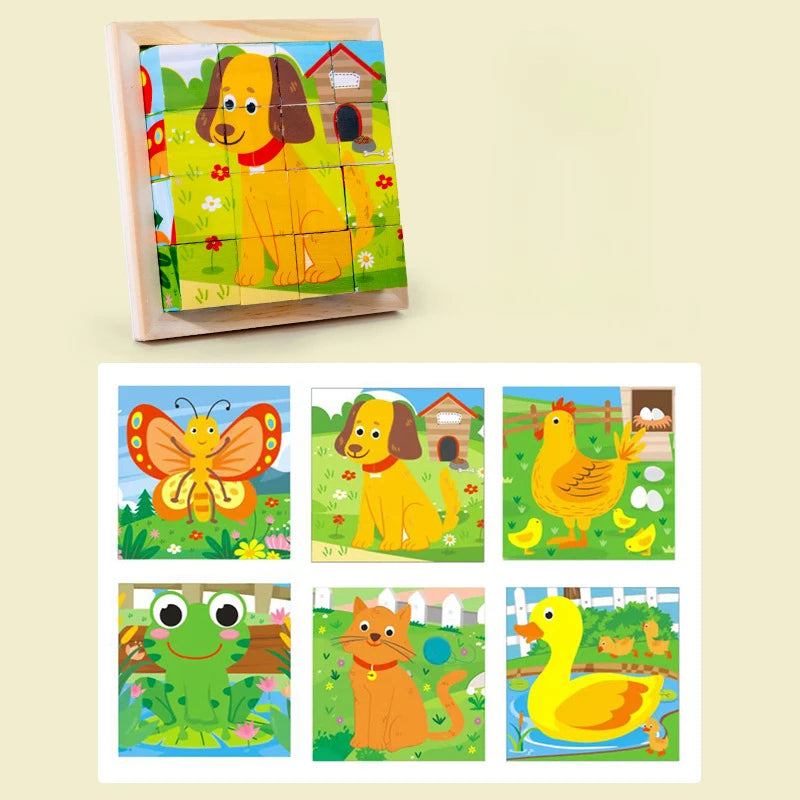 3D Wooden Cube Puzzle – 6-Sided 9-Piece Montessori Educational Toy for Kids