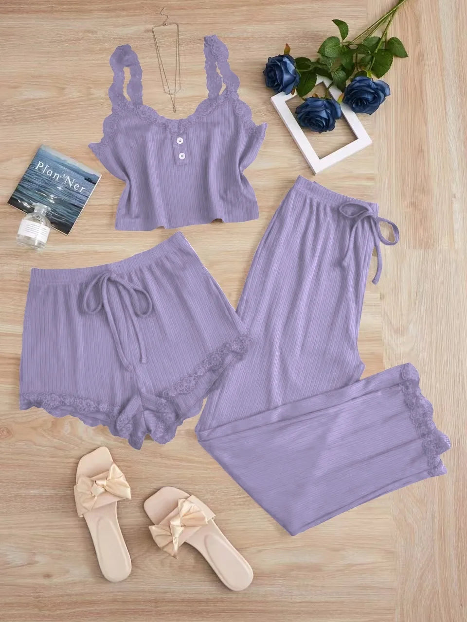New 2025 Women's Summer 3PCS Pajama Sets Solid Vest Shorts and Pants Paired with Lace Splicing for Homewear Sexy Sleepwear Sets