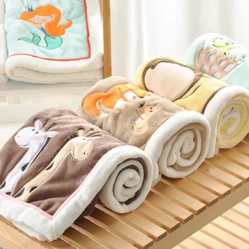 Baby Blankets Newborn Cartoon Embroidery, Flannel