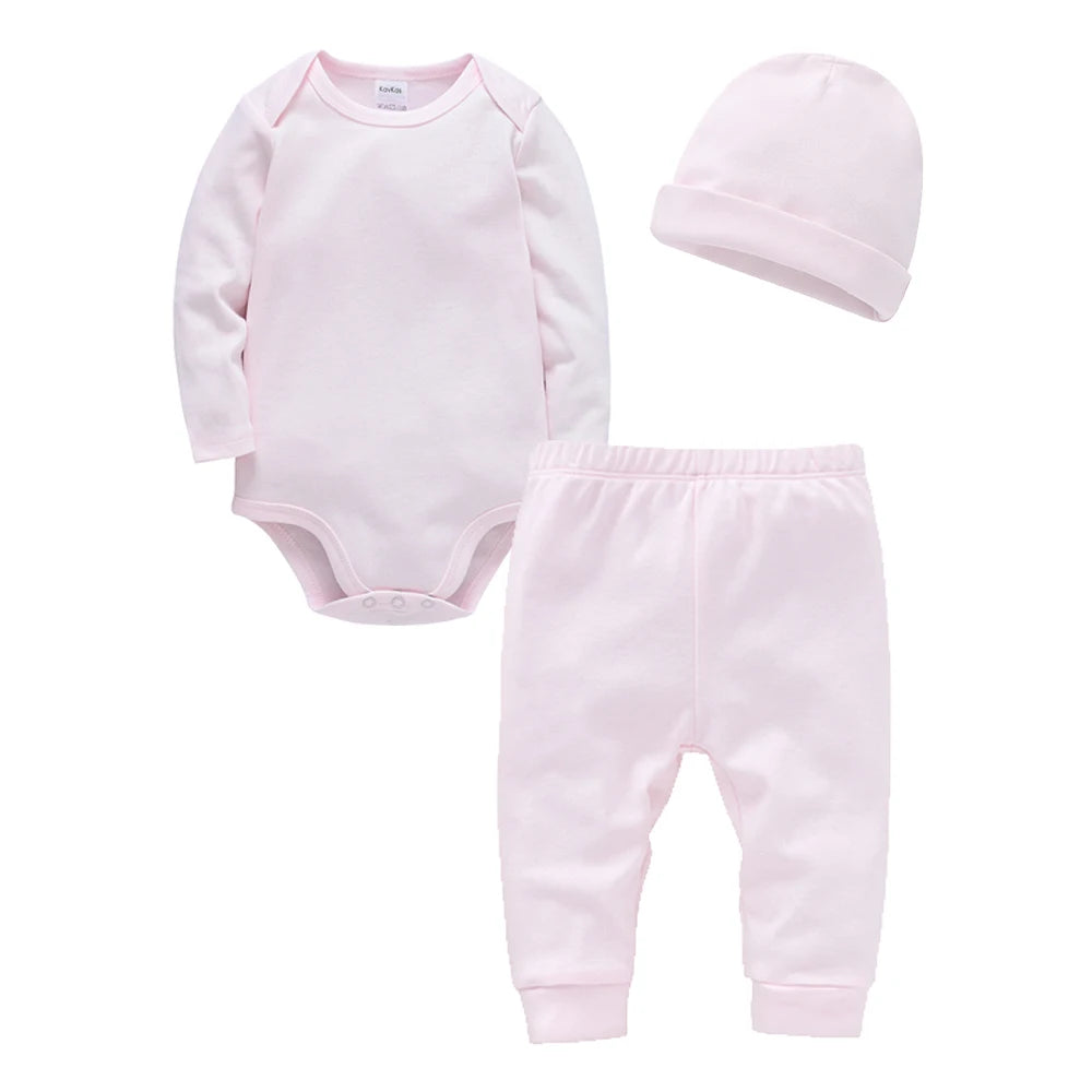 3 Pieces Set 100% Cotton Baby Rompers Pants Hat  Trousers Plain Newborn Clothing