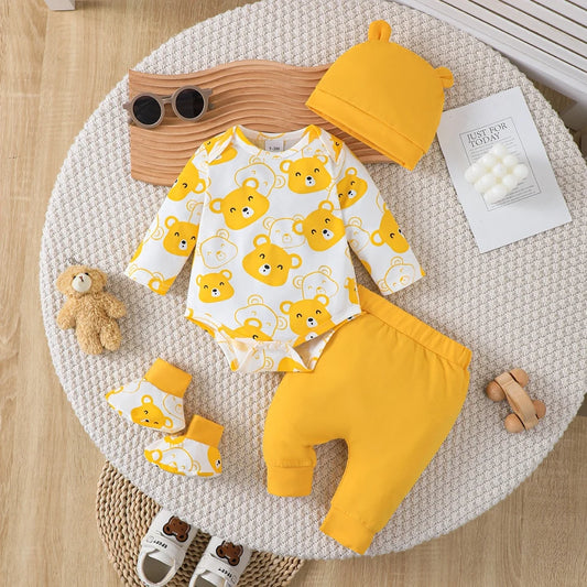 0-9 Months Newborn Baby Boy Bear 4-Piece Set | Yellow Bear Bodysuit+Hat+Yellow Pants Newborn Gift Set Cute and Fun Jumpsuit