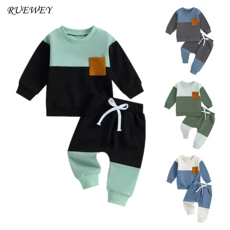 RUEWEY Baby Boy Outfit Set – Contrast Sweatshirt & Pants for Spring/Autumn
