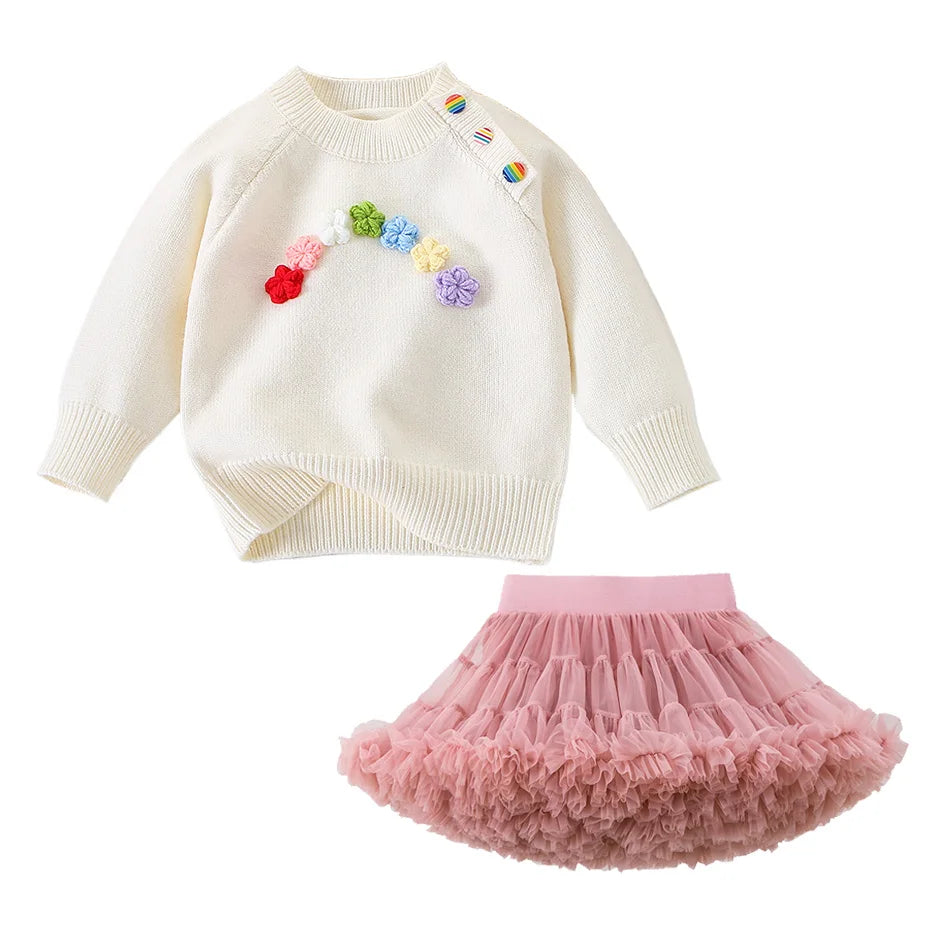 2025 Baby Girls’ Floral Sweater – Autumn/Winter Sweet Knit Round Neck Top