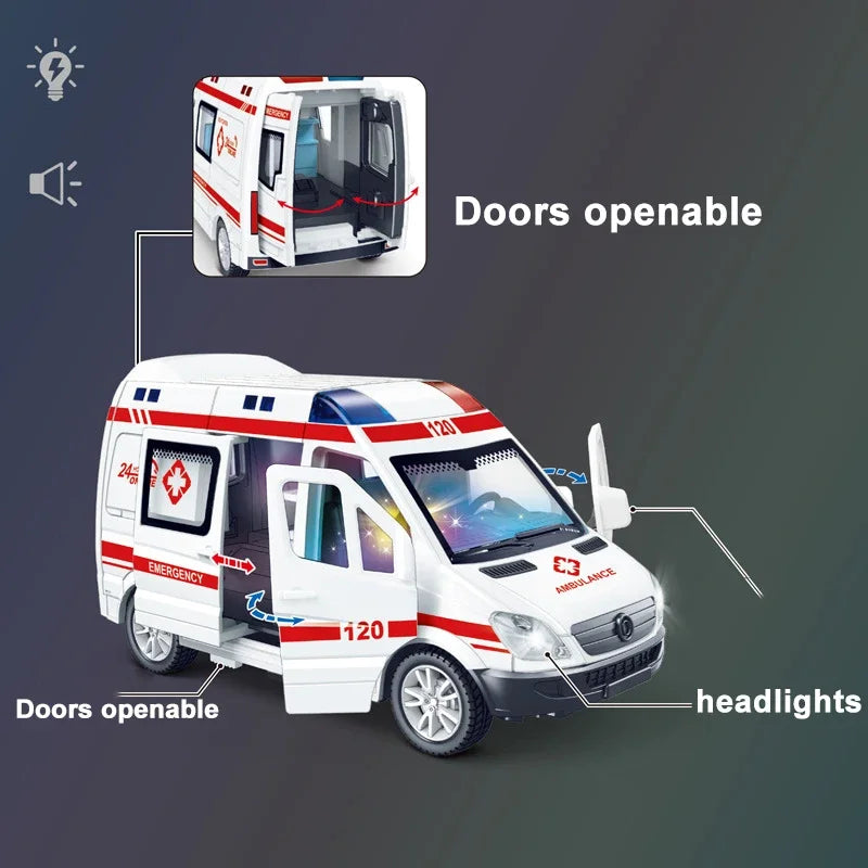 1:32 Scale Mini Car, Ambulance Fire-Truck Policecar Model Sound Light Vehicle Simulation