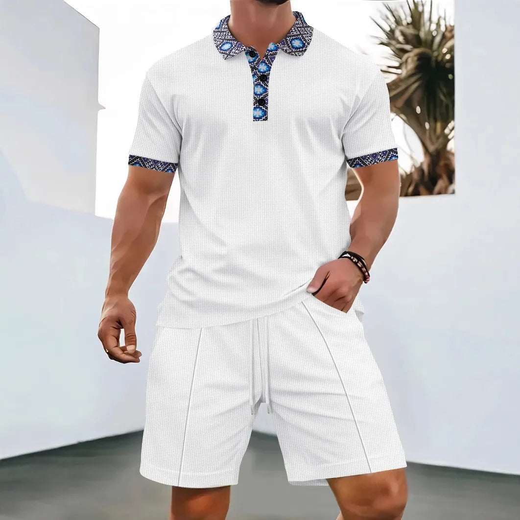 2025 Men Europe and the United States Waffle solid color zip-up lapel short-sleeve