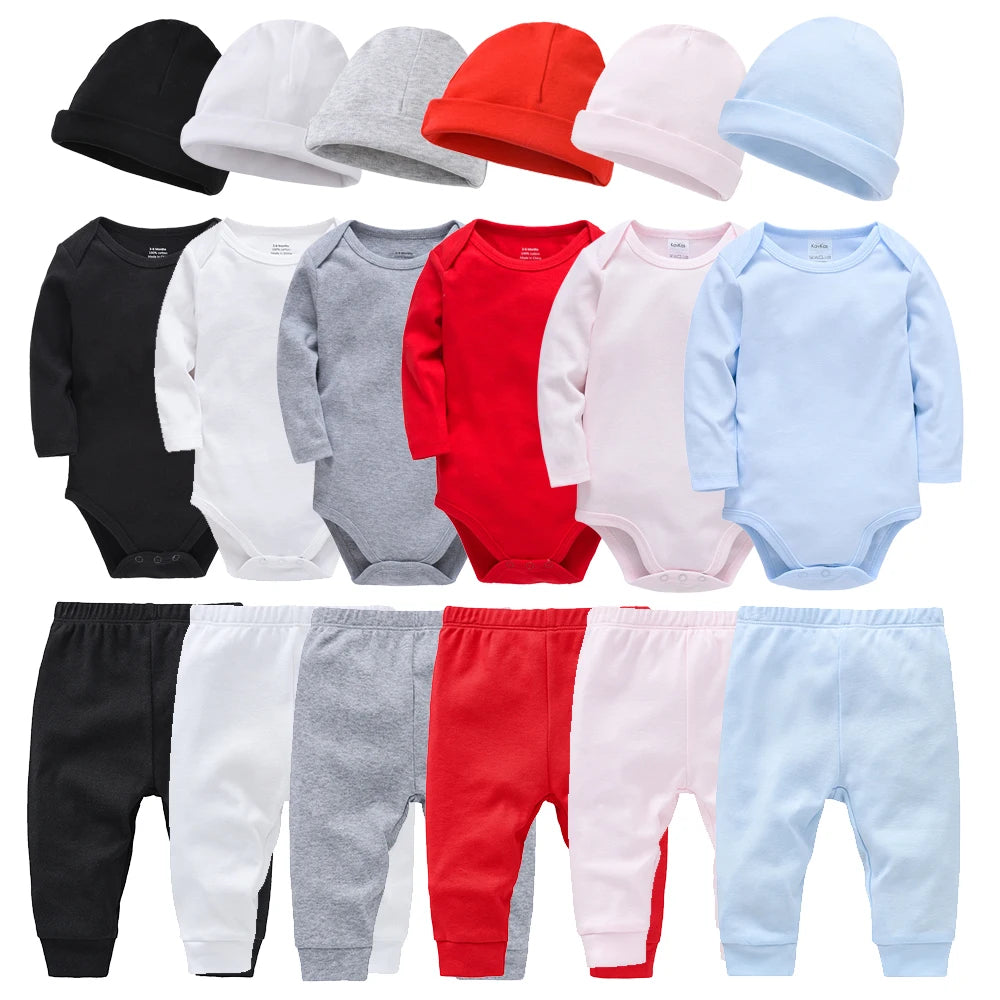 3 Pieces Set 100% Cotton Baby Rompers Pants Hat  Trousers Plain Newborn Clothing