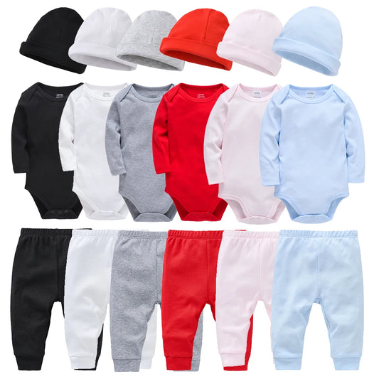 3 Pieces Set 100% Cotton Baby Rompers Pants Hat  Trousers Plain Newborn Clothing