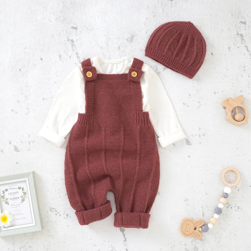 Knitted Baby Romper & Hat Set – Sleeveless Strap Jumpsuit for Newborn Boys & Girls