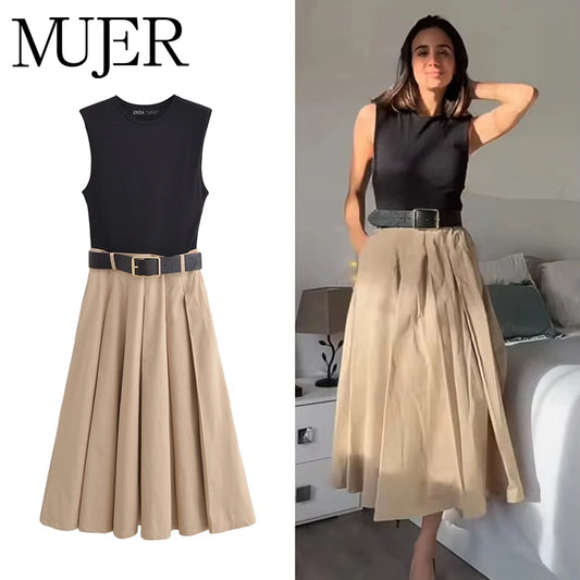 2025 Women’s Sleeveless Pleated Midi Dress – Knitted Summer Party Sundress with Belt
