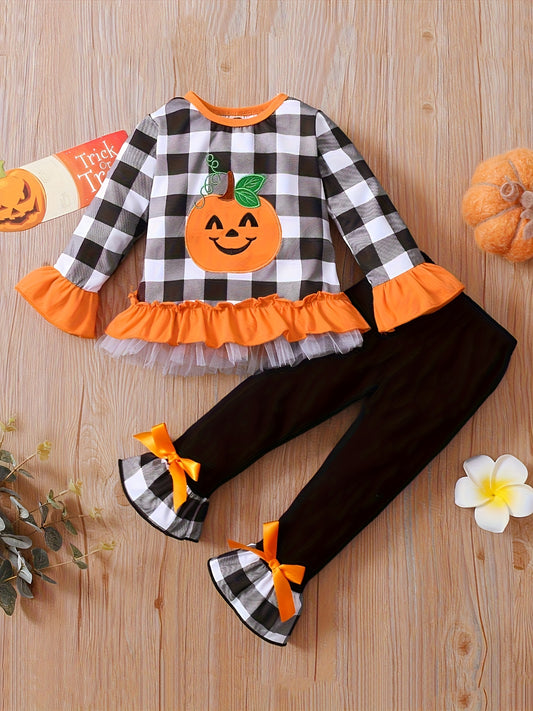 🎃 Girls' Halloween Plaid Pumpkin Outfit – 2pcs Mesh Top & Flare Bow Pants Set