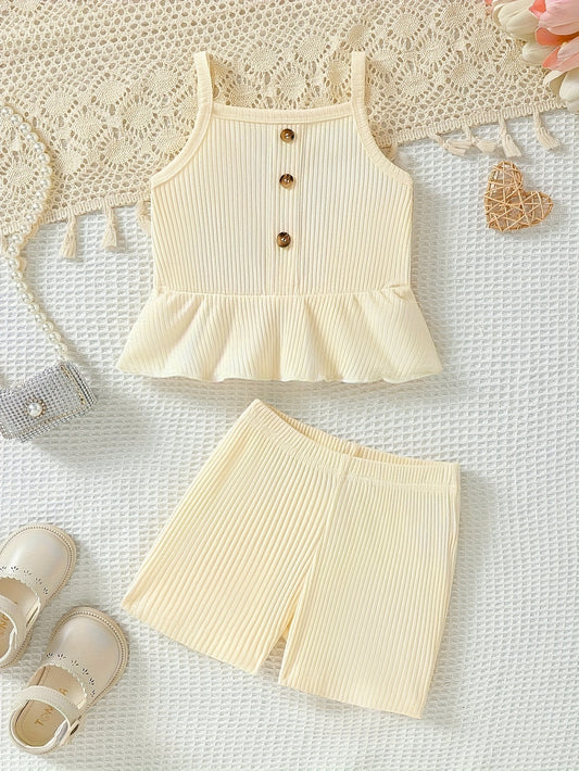 Girls’ 2PCS Summer Outfit – Knitted Suspender Top & Shorts Set, Casual Outdoor Wear