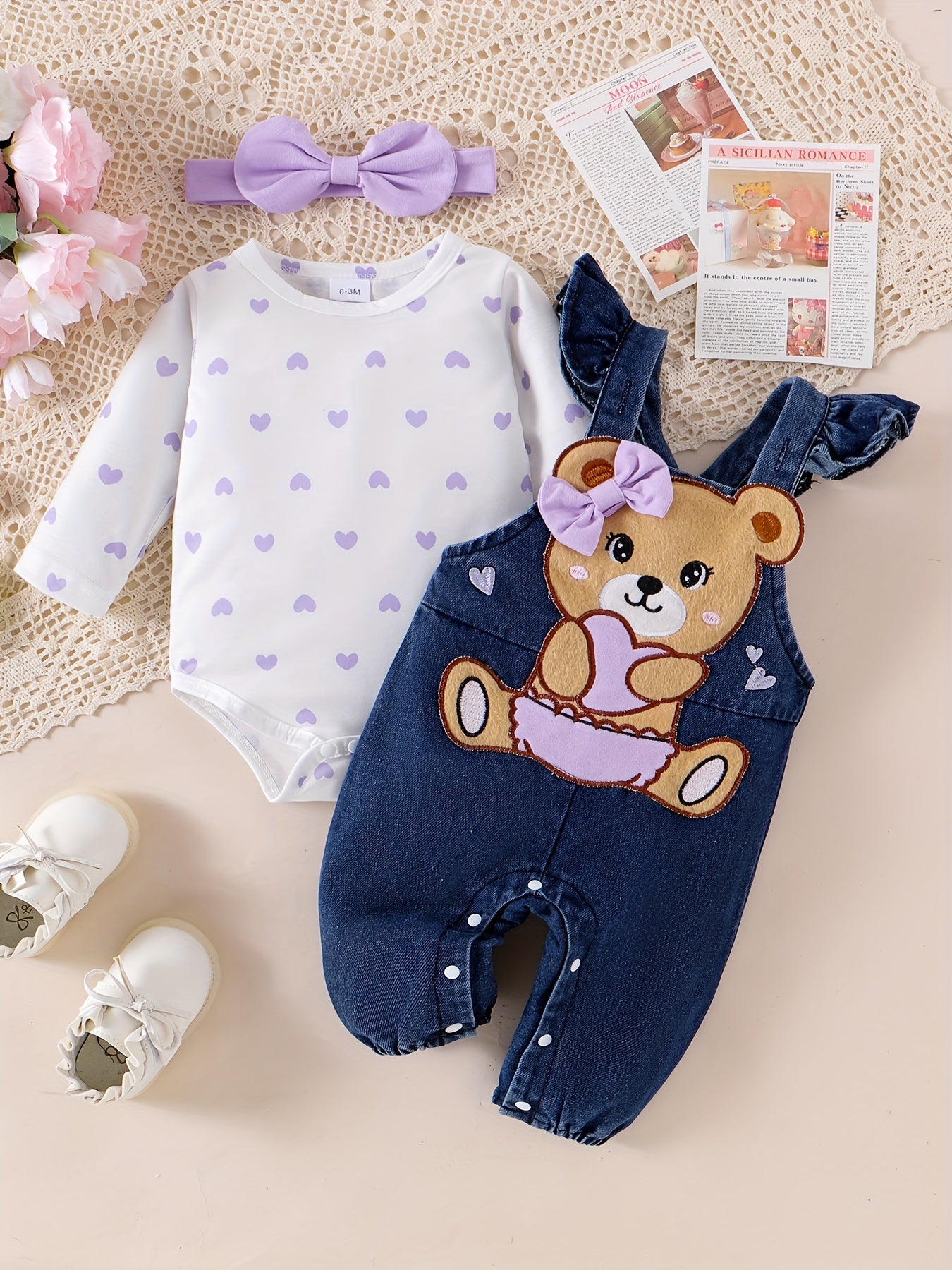 Baby Girl Two-Piece Outfit – Bear Romper & Denim Strap Pants, 0-18 Months