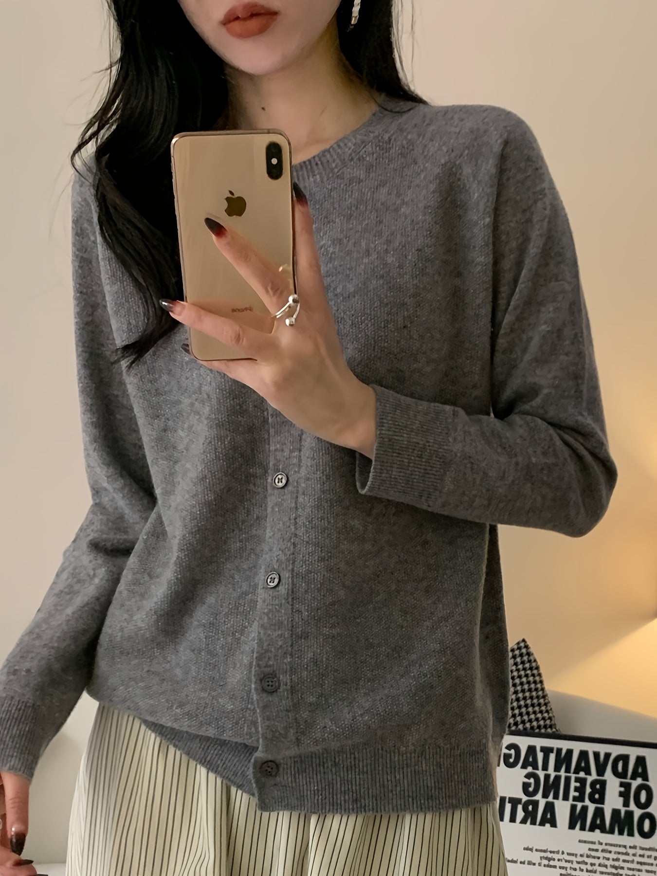 Women’s 100% Wool Cardigan – Round Neck Long Sleeve Button-Up Sweater, All-Season Casual Wear