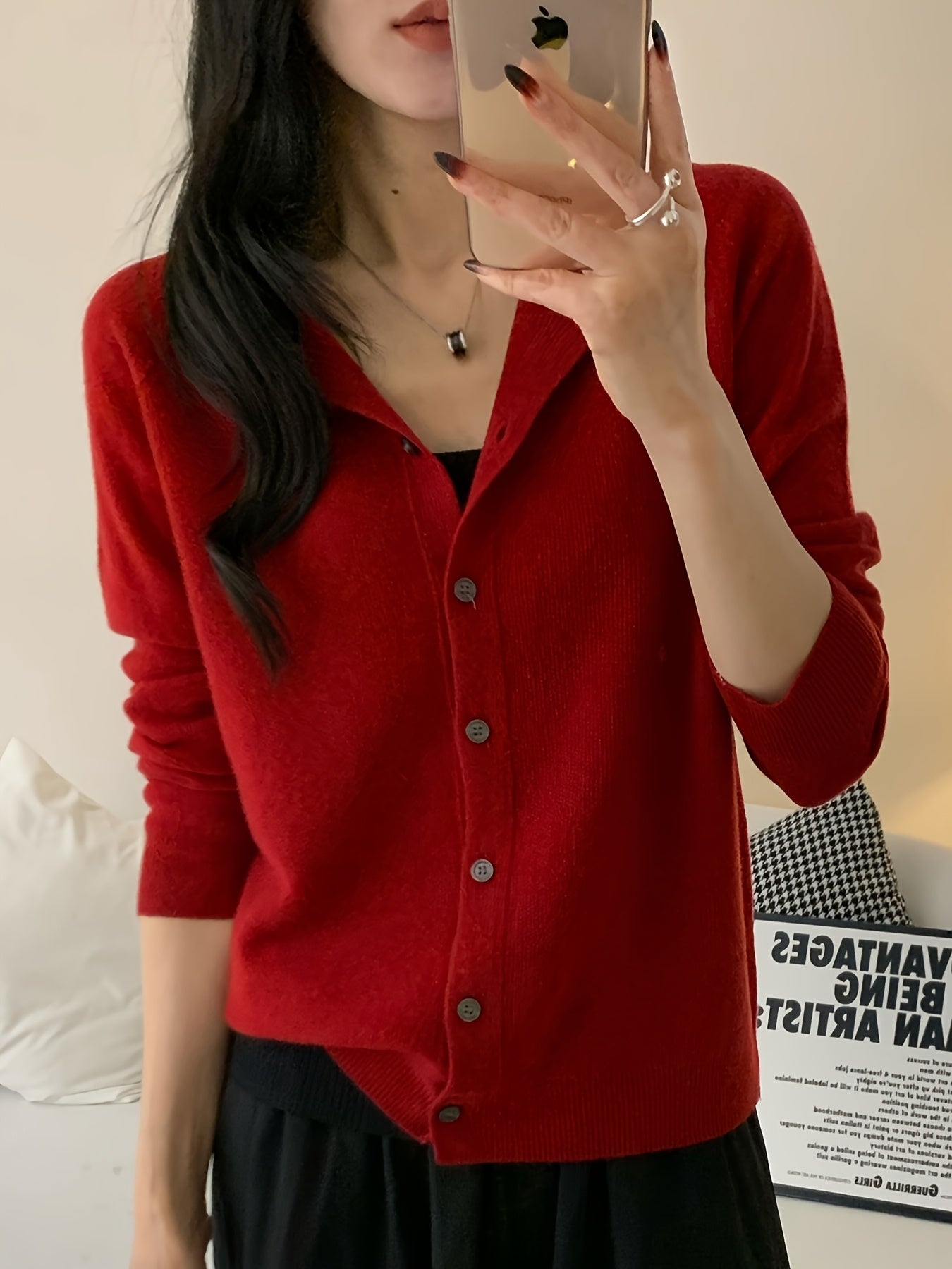 Women’s 100% Wool Cardigan – Round Neck Long Sleeve Button-Up Sweater, All-Season Casual Wear