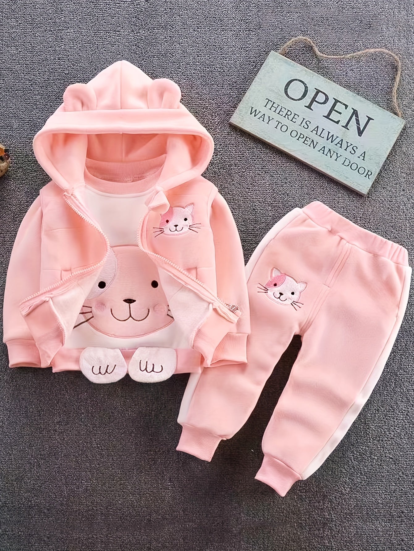 🐱 3pcs Cozy Cat Hoodie Set – Winter Outfit for Girls
