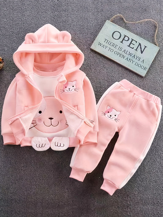 🐱 3pcs Cozy Cat Hoodie Set – Winter Outfit for Girls