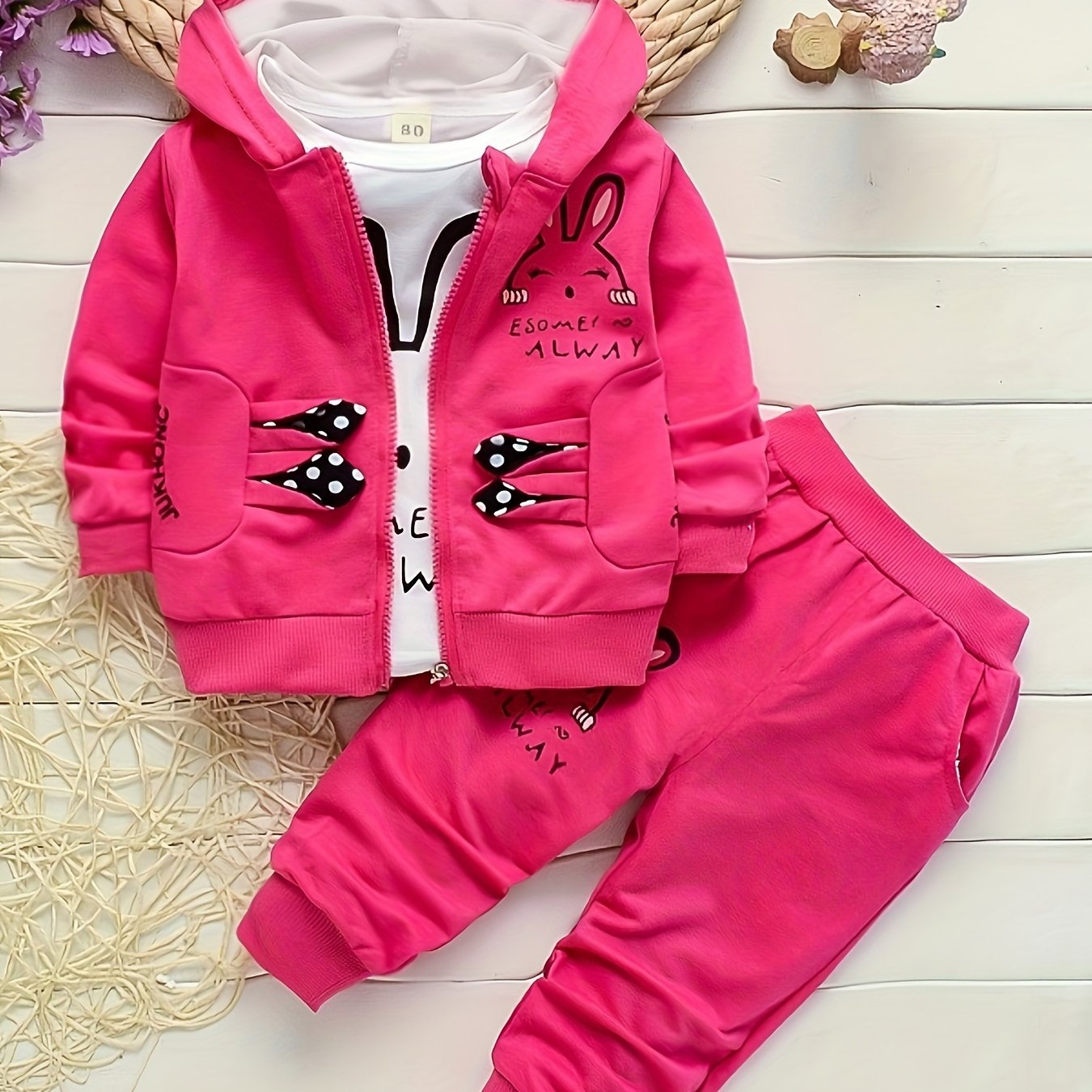Autumn Girls' Zip-Up Rabbit Cardigan Three-Piece Set – Spring Baby Casual Outfit, Perfect for Outdoor