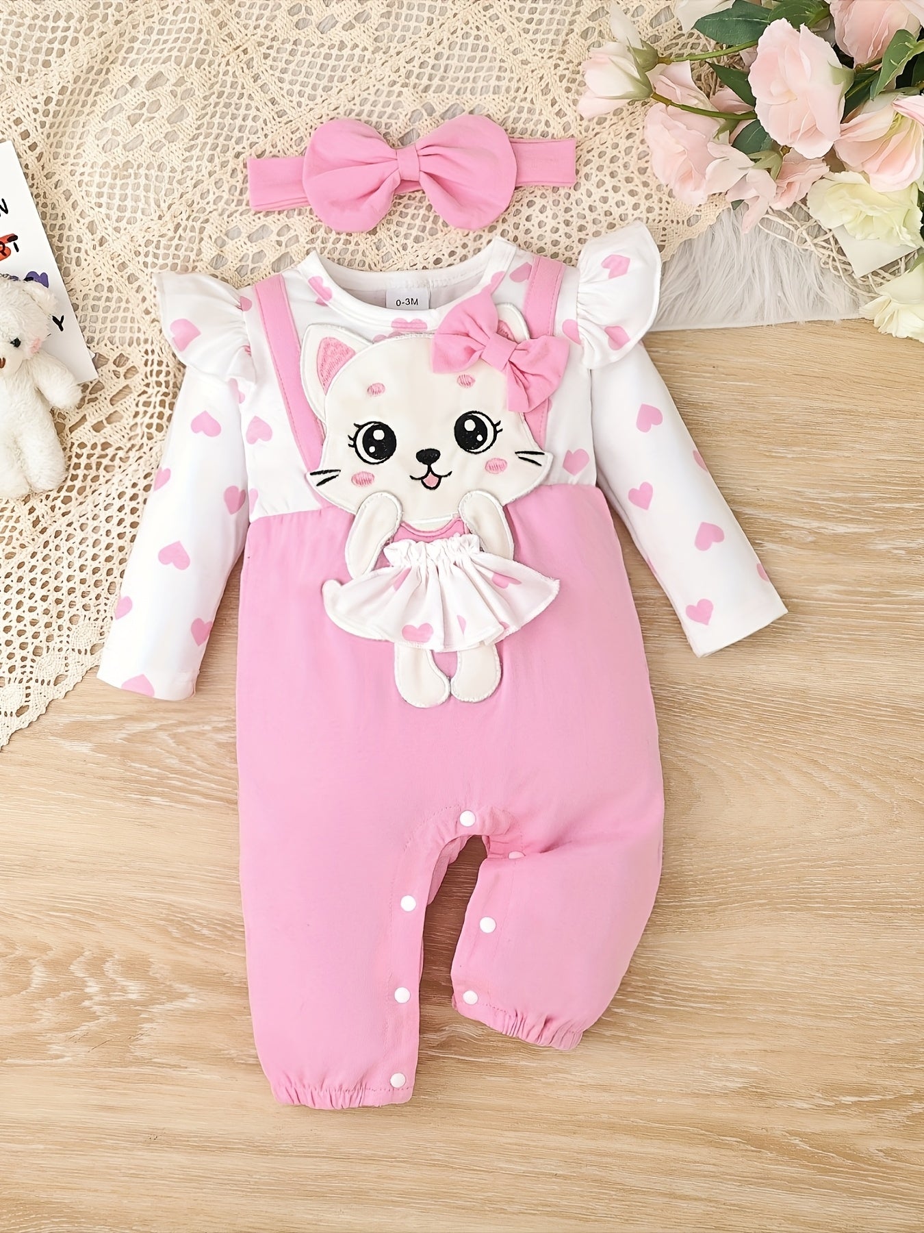 Conjunto de macacão 2 peças para bebé 0–18 meses – Macacão de manga comprida com folha de lótus e chapéu, bordado de gatinho de desenho animado para outono/inverno