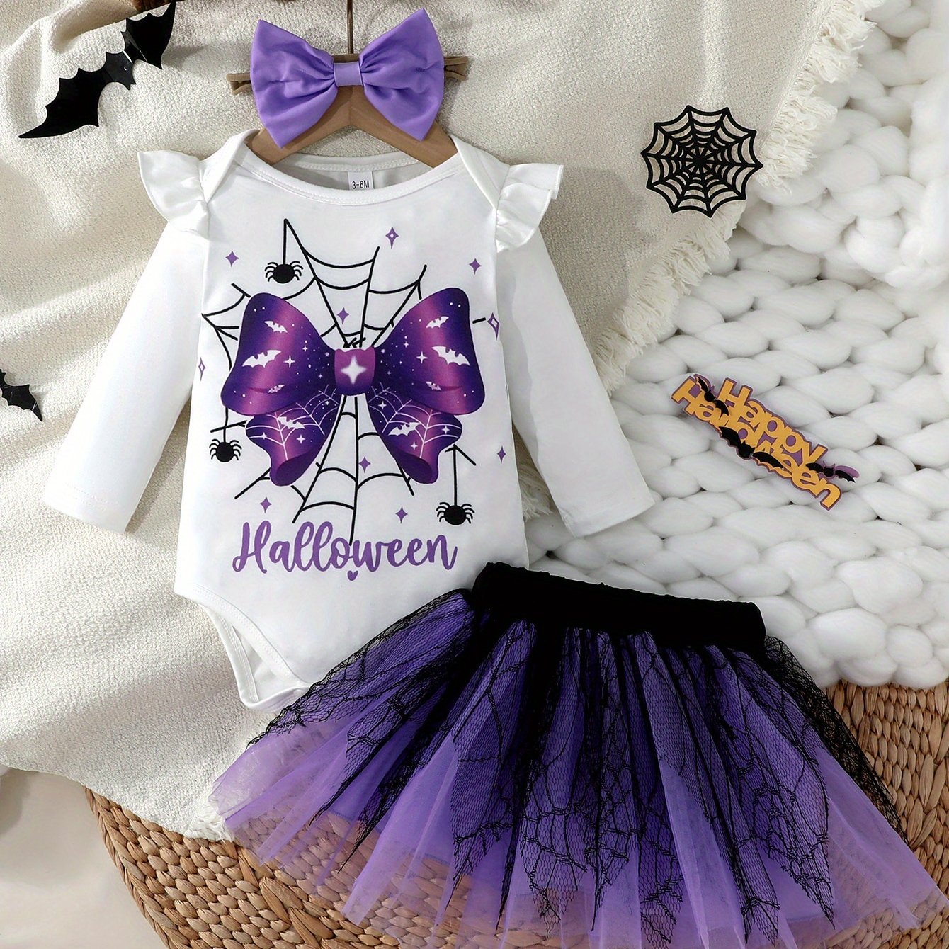 🕷️ Baby Girl Witch Outfit – Spider Bow Bodysuit & Black-Purple Mesh Skirt, Cute Halloween Costume