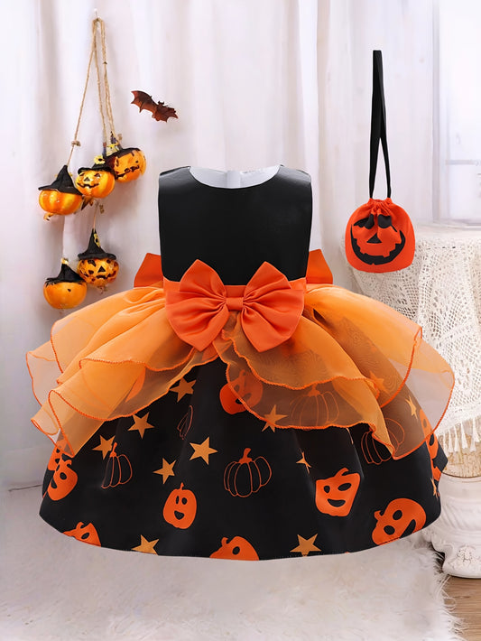 🎃 Girls’ Pumpkin Dress Set – Dress & Tote Bag for Halloween