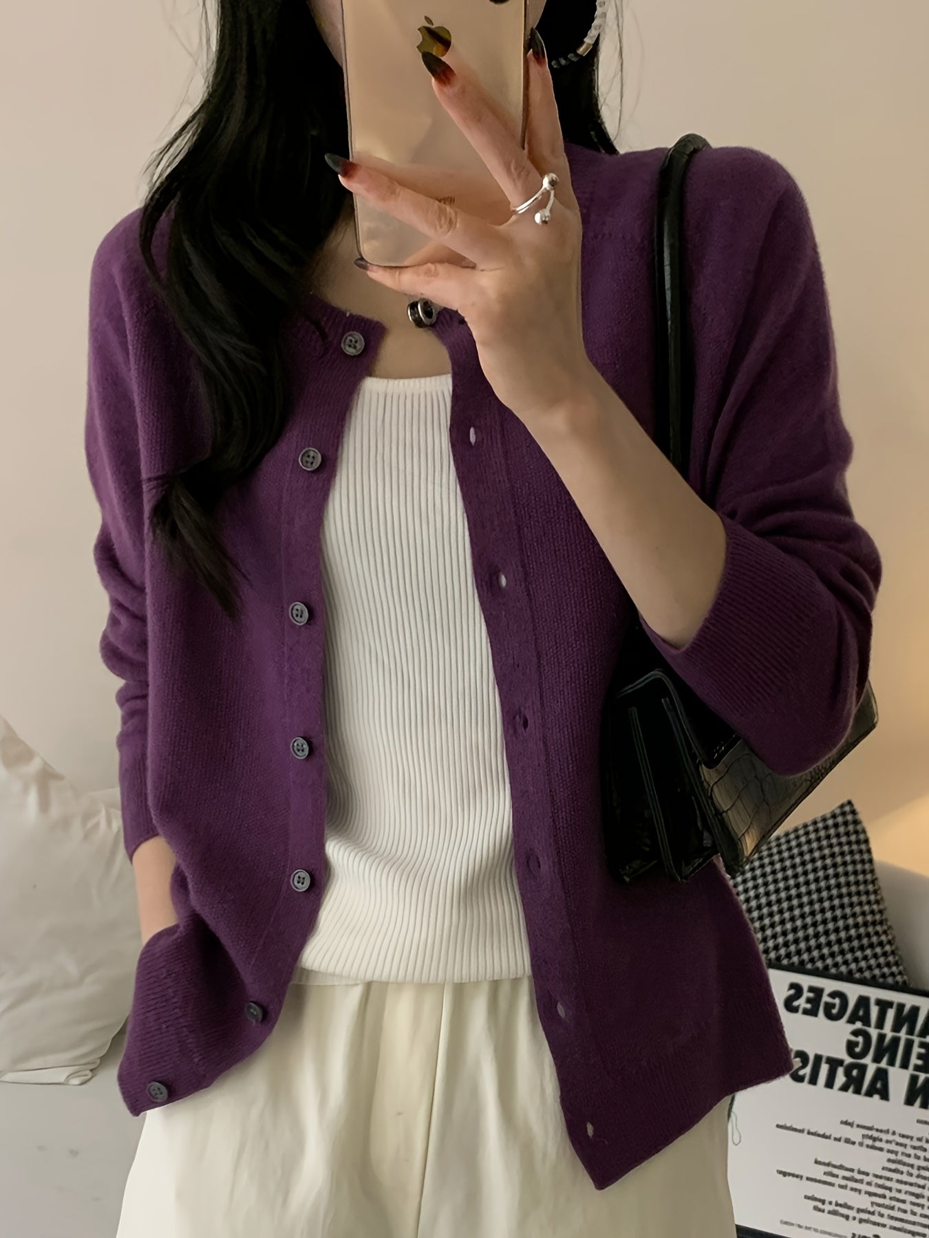 Women’s 100% Wool Cardigan – Round Neck Long Sleeve Button-Up Sweater, All-Season Casual Wear