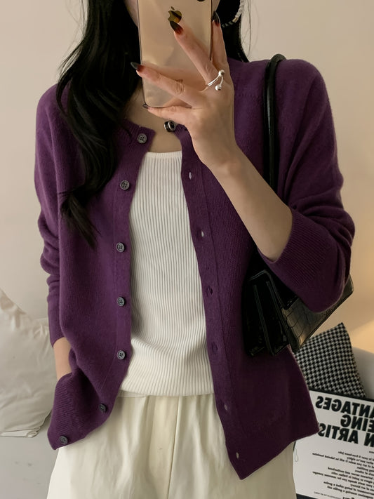 Women’s 100% Wool Cardigan – Round Neck Long Sleeve Button-Up Sweater, All-Season Casual Wear