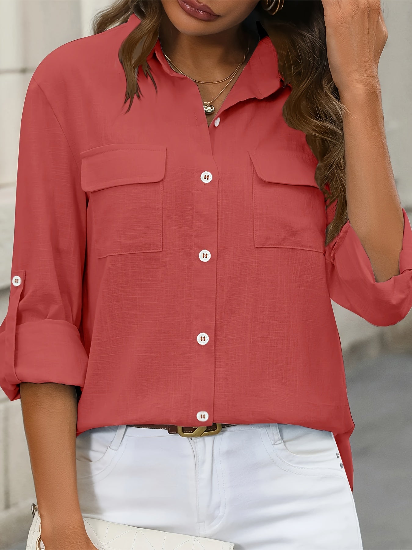 Women’s Long Sleeve Button-Up Blouse – Elegant Office & Casual Shirt with Classic Collar