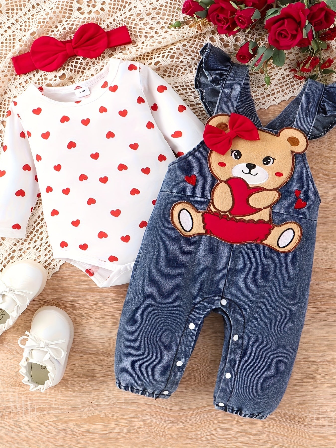Baby Girl Two-Piece Outfit – Bear Romper & Denim Strap Pants, 0-18 Months