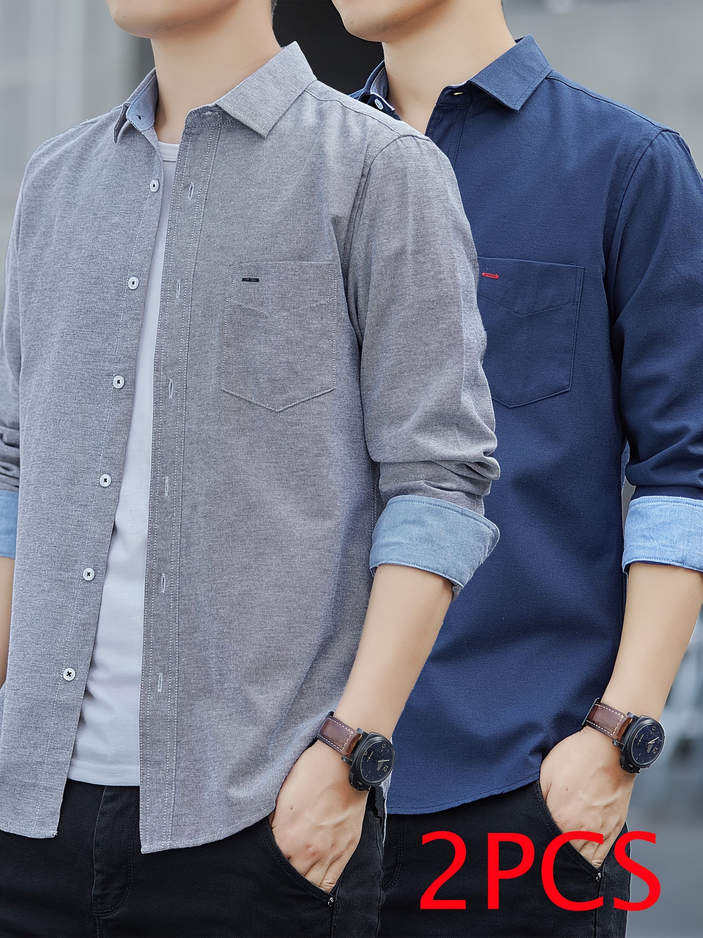 Men's Casual Button-Up Shirt with Contrast Cuffs & Chest Pocket – Embroidered Long Sleeve 2pcs Set, All-Season Wear
